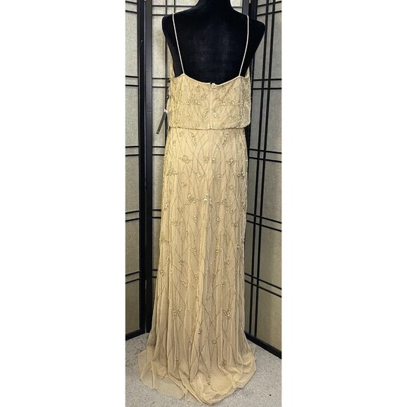 Adrianna Papell Beaded Blouson Long Gown Formal Wedding Sz 12 Champagne Gold - Picture 4 of 16